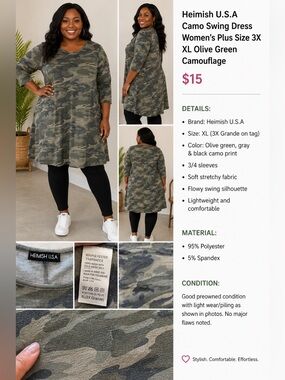 Heimish U.S.A Camo Swing Dress Women’s Plus Size 3X XL Olive Green Camouflage